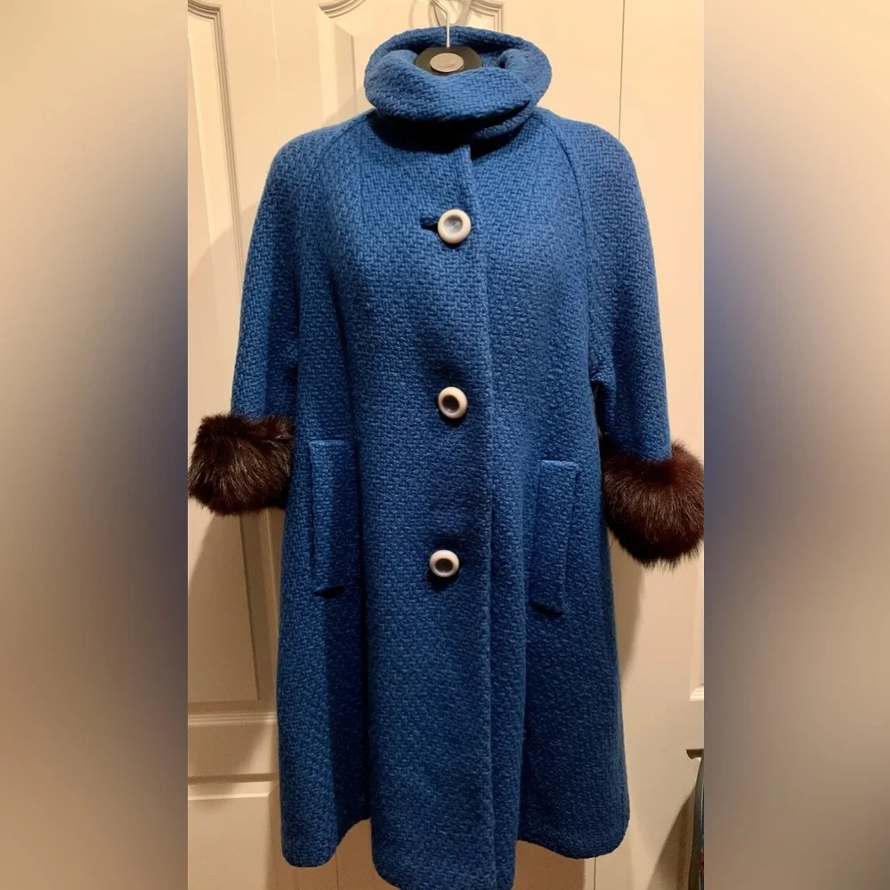 Penny Lane Blue Textured Lined (Fox?) Fur Trim Union Made Swing Coat - Picture 13 of 14